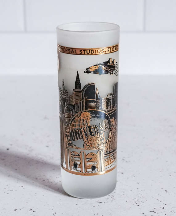 Vintage Universal Studios Florida Frosted Glass Tumbler with 22K Gold Detailing  Rare Collectible