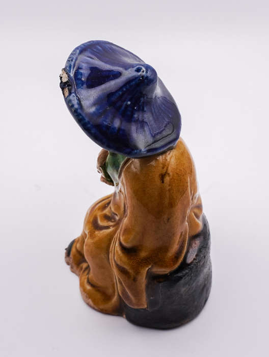 Antique Chinese Mudman Figurine  Seated Elder with Fan