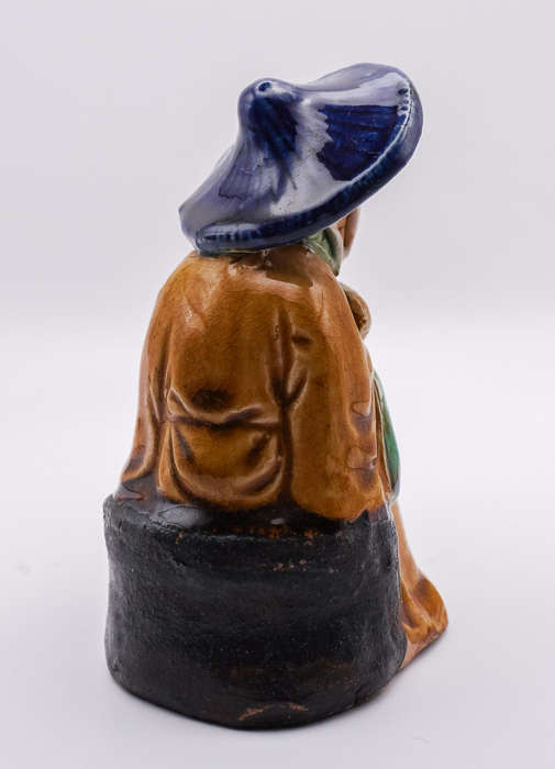 Antique Chinese Mudman Figurine  Seated Elder with Fan