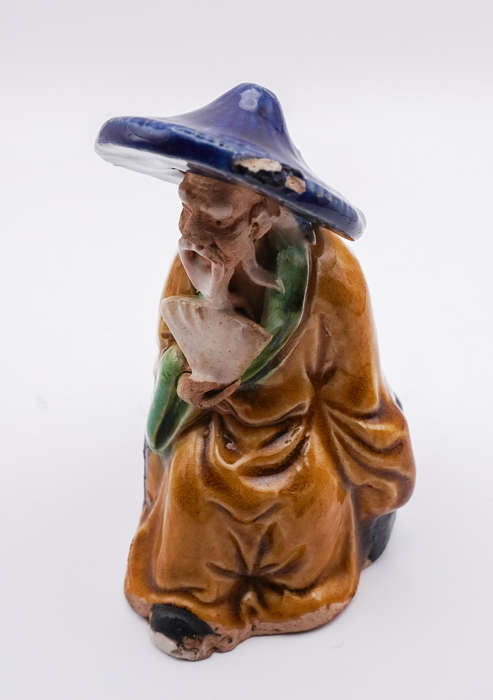 Antique Chinese Mudman Figurine  Seated Elder with Fan