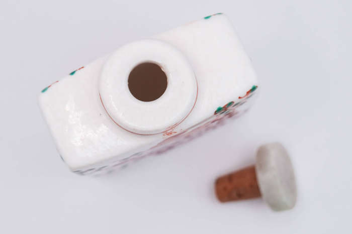 Chinese Square Porcelain Snuff Bottle  Birds & Blossoms, Jadeite-Style Stopper, Spoon Missing