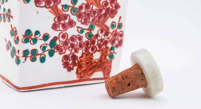 Chinese Square Porcelain Snuff Bottle  Birds & Blossoms, Jadeite-Style Stopper, Spoon Missing