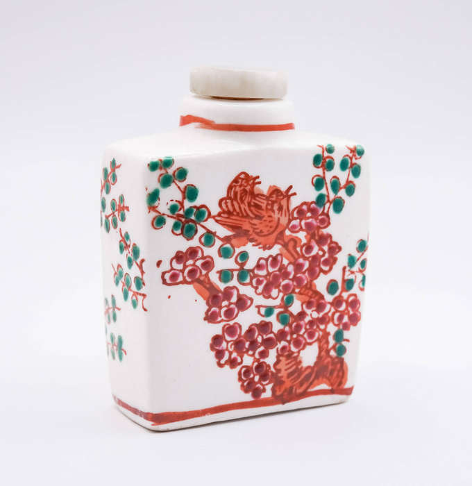 Chinese Square Porcelain Snuff Bottle  Birds & Blossoms, Jadeite-Style Stopper, Spoon Missing