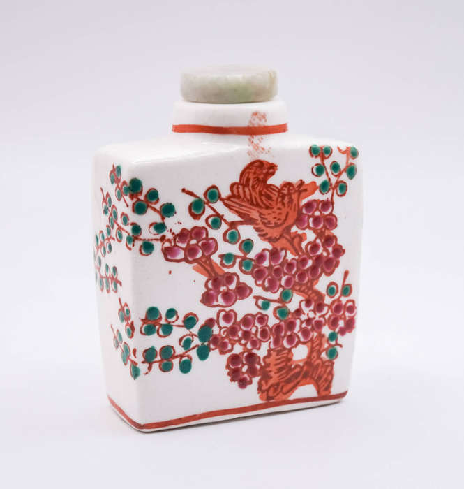 Chinese Square Porcelain Snuff Bottle  Birds & Blossoms, Jadeite-Style Stopper, Spoon Missing