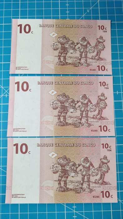 Congo 3 x 10 cent notes in sequence