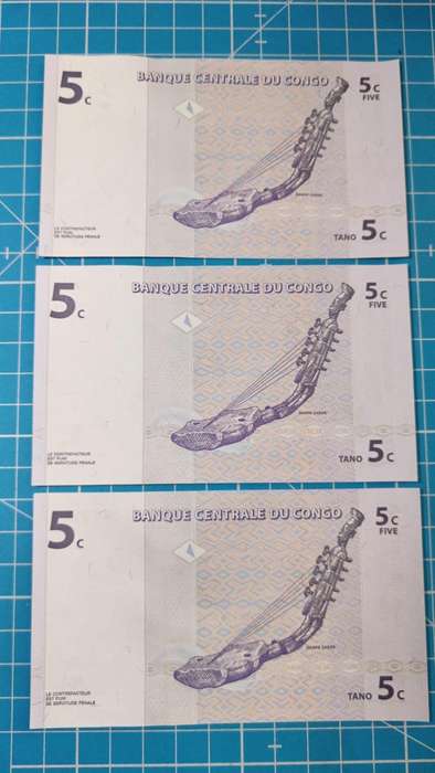Congo 3 x 5 cent notes in sequence