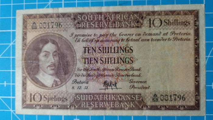 MH de Kock 10 shilling note dated 8.12.51