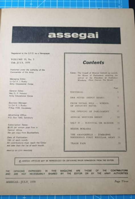 The "Assegai Magazine" is a historical publication, specifically a magazine issued by Rhodesia
