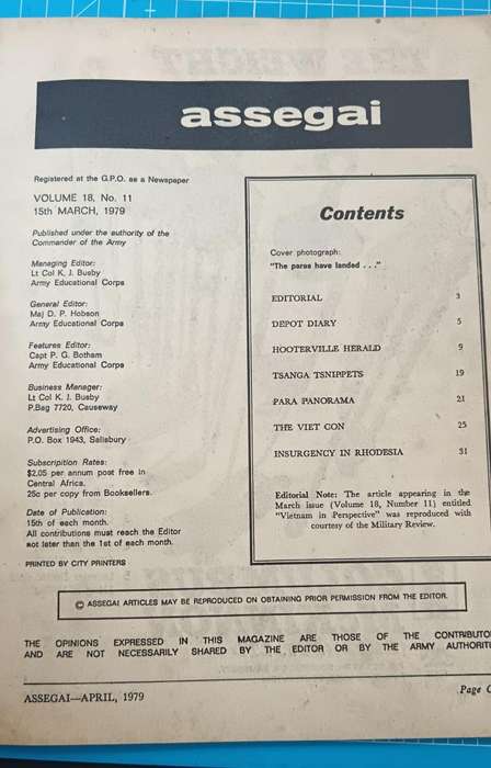 The "Assegai Magazine" is a historical publication, specifically a magazine issued by Rhodesia