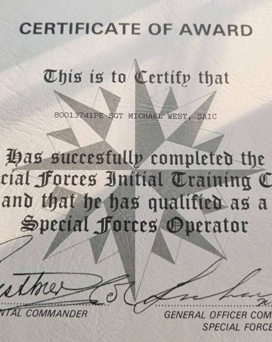 Special Forces Super Soldier - Mike West ( SAS and Recce ) Operators Badge with Certificate
