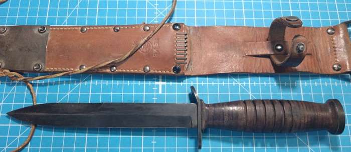 U.S. WWII Cross-Guard Marked M3 Fighting Knife by Camillus with 1943 Dated M6 Scabbard by Barwood