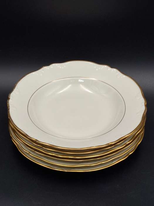 Vintage Porsgrunn Norge - 33 piece dinnerware in ivory with gold trim - designer Nora Gunderson