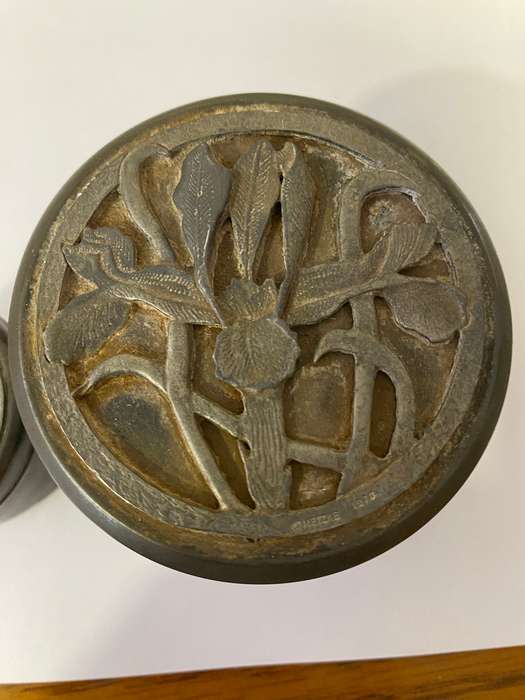 Pewter trinket boxes with metal artwork lids