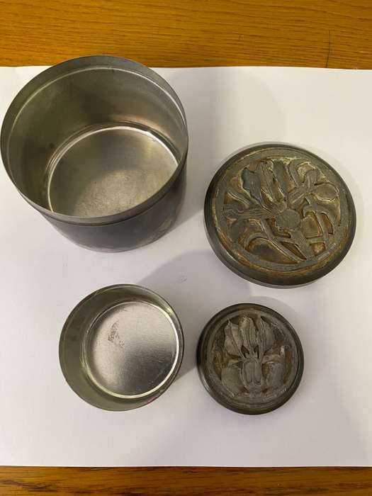 Pewter trinket boxes with metal artwork lids