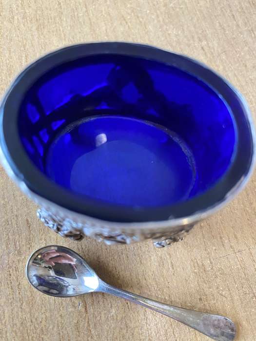 Silver mustard pot with spoon