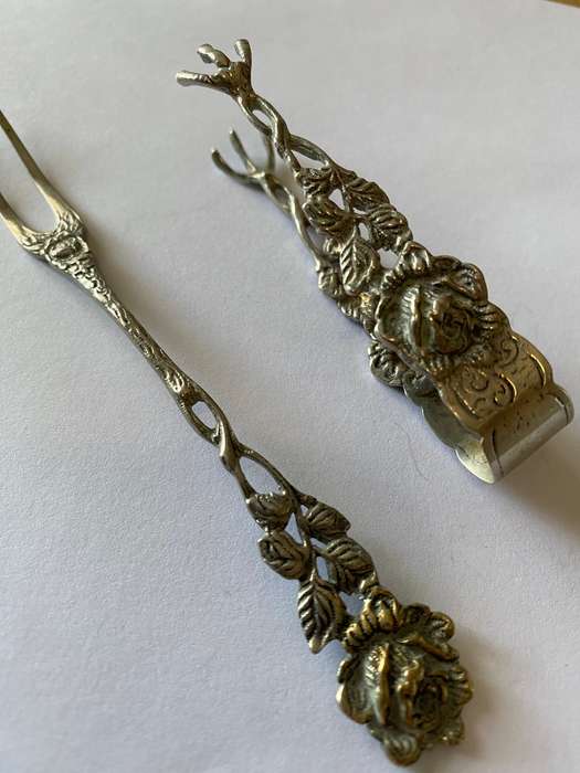 German silver antique pickle fork and tongs