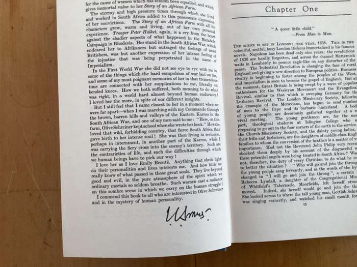 OLIVE SCHREINER, NOT WITHOUT HONOUR. (1948?) Hardcover with dustjacket.