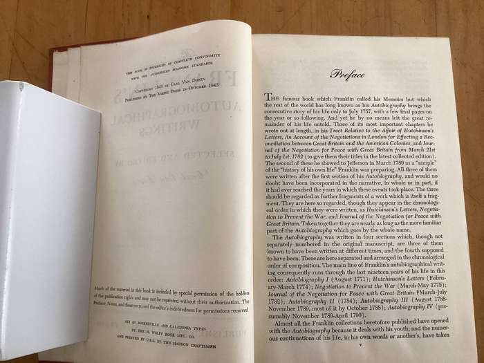 BENJAMIN FRANKLINS Autobiographical Writings, selected by Carl Van Doren. (1946).