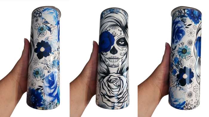 Blue Sugar Skull Day Of The Dead Stainless Steel Tumbler With Straw