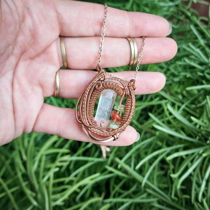 Clear Quartz With Peridot & Carnelian Chips in Copper Pendant Twisted & Stoned