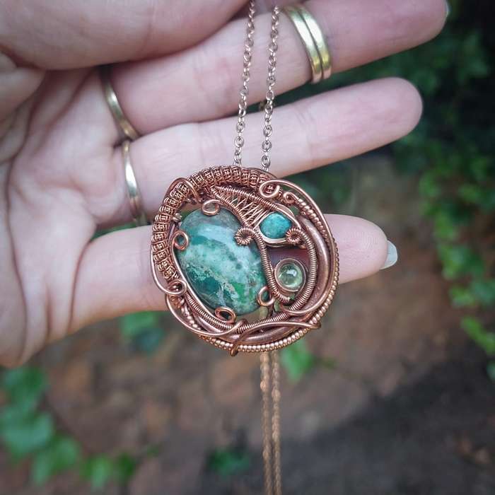Landscape Agate, Peridot & Turquoise in Copper Pendant Necklace Twisted & Stoned