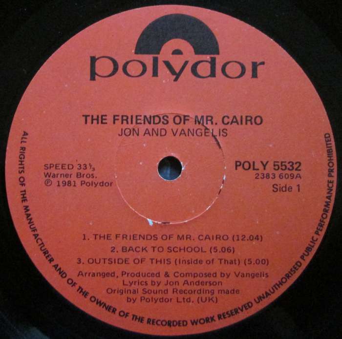 JON and VANGELIS - THE FRIENDS OF MR CAIRO  (LP/VINYL)