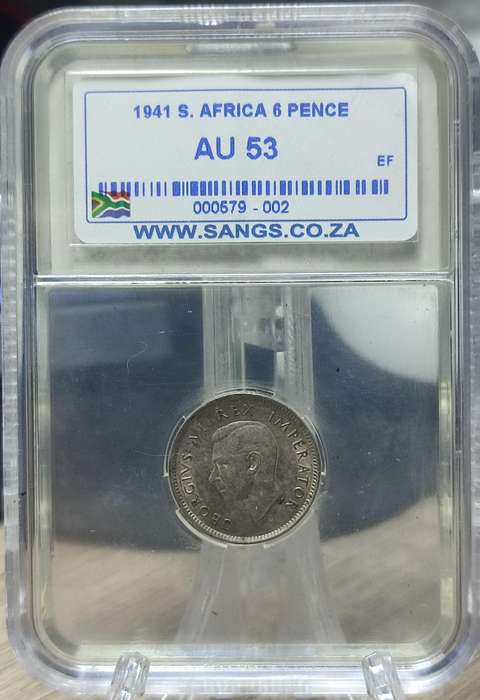 1941 6 PENCE 6D UNC COIN - SANGS GRADED AU53 (NONE MINTED IN PROOF)
