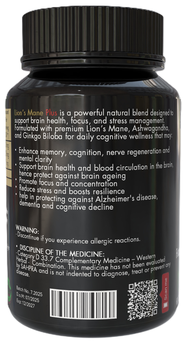 Lion's Mane Plus - Mental Clarity, Memory & Stress Relief (With Ashwagandha & Ginkgo Biloba)