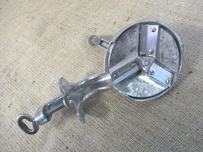 The Genuine McCoy.....This Sturdy Rare Vintage Jupiter Twin Feeder Cast Iron Table Mount Bean Slicer