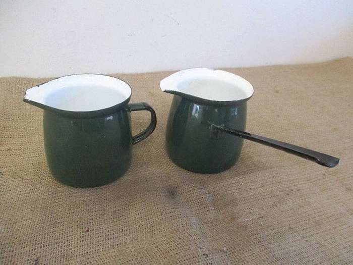 Two Beautiful Vintage "Made In Poland" Old Fashioned Green & Black Enamel Ladle & Milk Jug