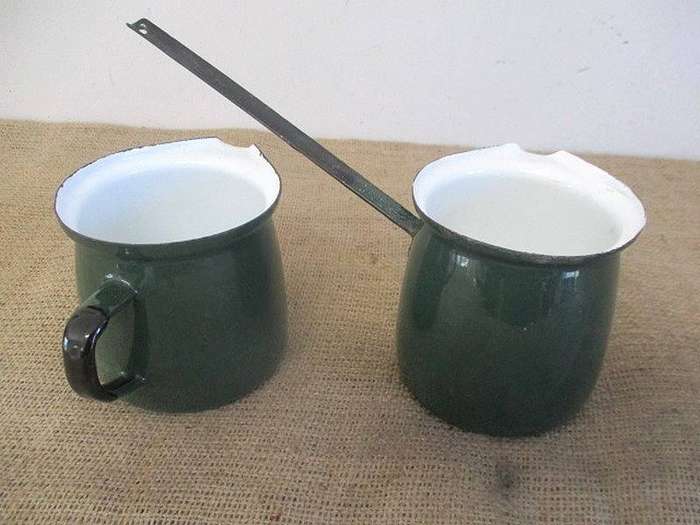 Two Beautiful Vintage "Made In Poland" Old Fashioned Green & Black Enamel Ladle & Milk Jug