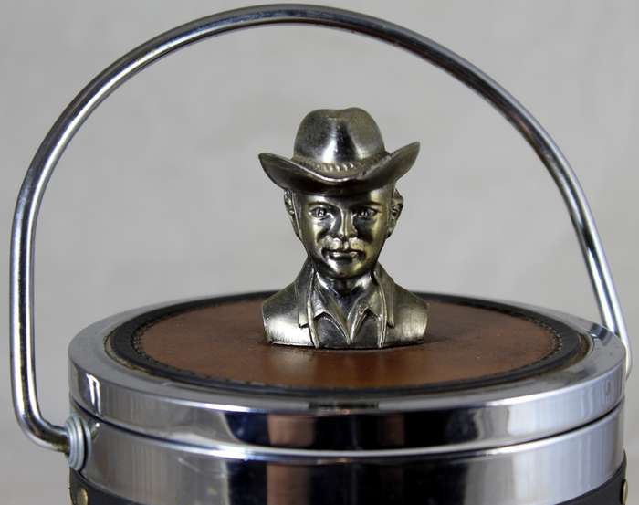 Metal cowboy with leather feel covered ice bucket