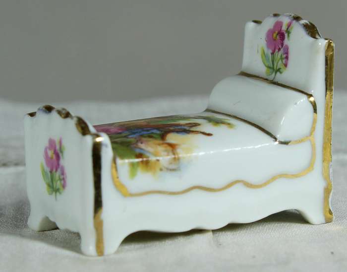 Miniature Limoges king bed with Victorian scene