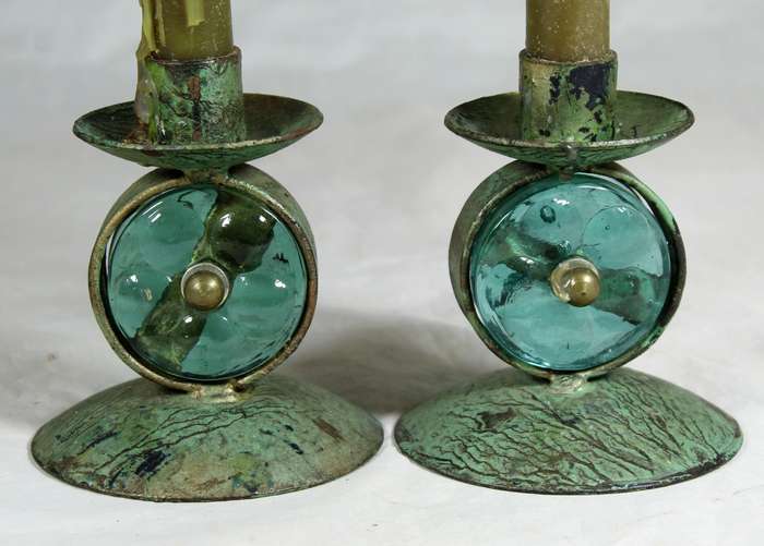Pair of unique metal and glass candle holders