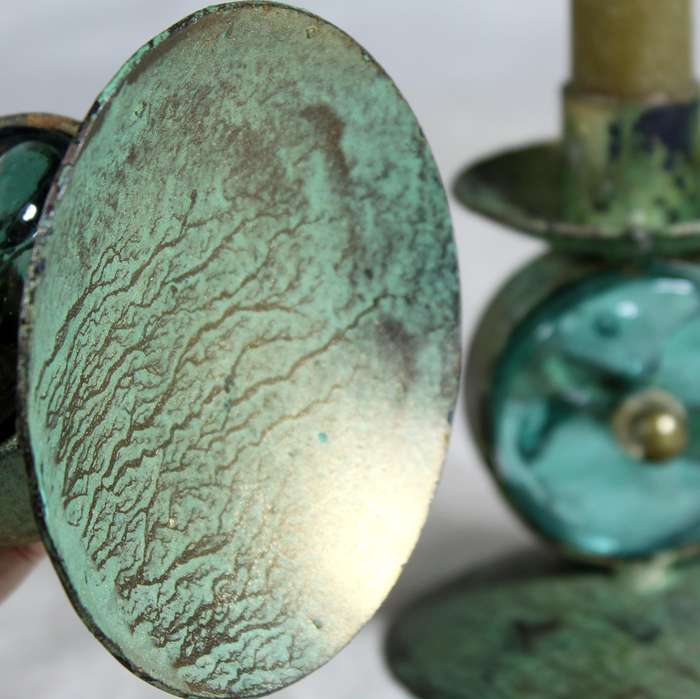 Pair of unique metal and glass candle holders