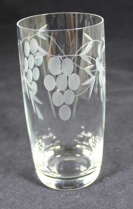 Set of six drinking glasses with etched grapes motif