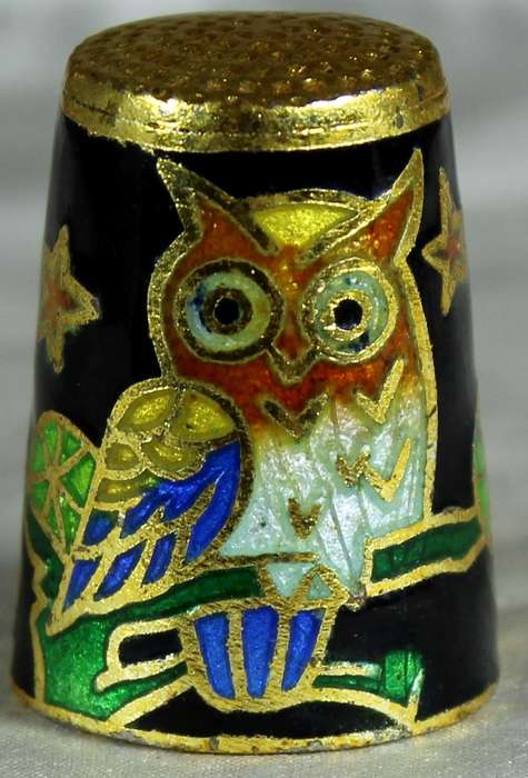 Cloissone thimble - owl on a branch
