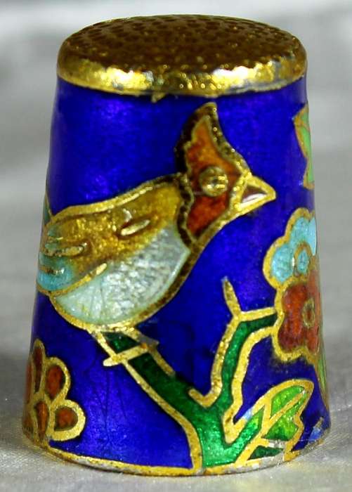 Cloissone thimble - bird on a branch with flowers