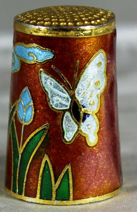 Cloissone thimble - butterfly with blue flowers