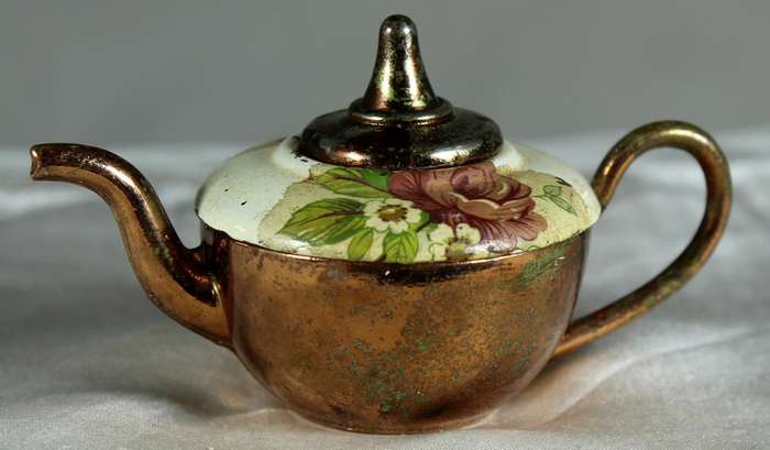 Miniature copper and porcelain kettle