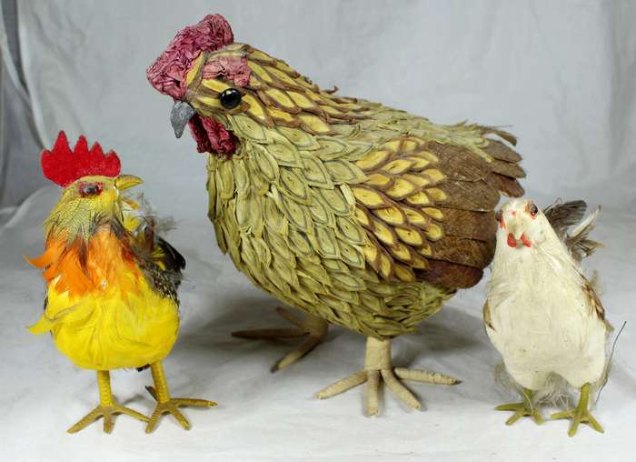 Trio of paper mache chickens