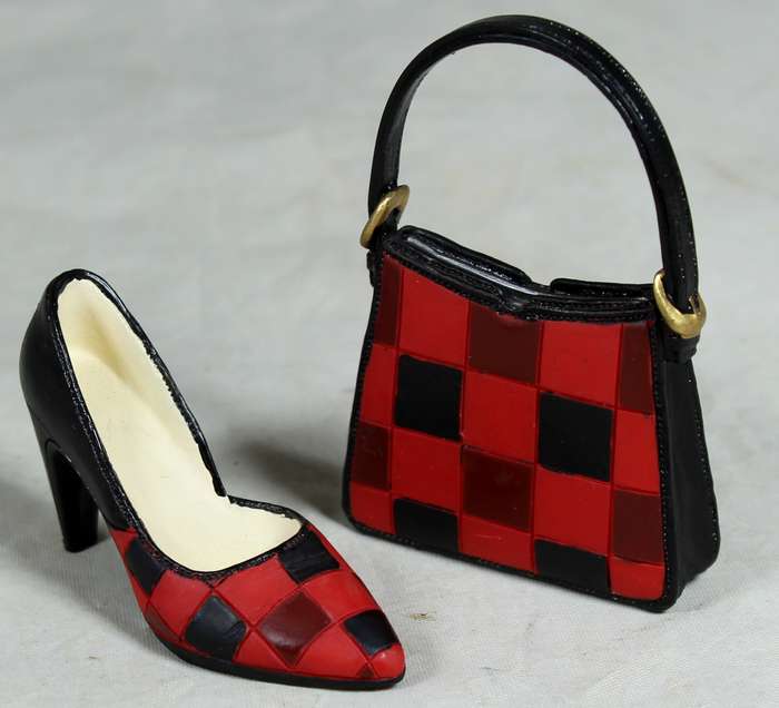Mini molded shoe & handbag - red & black block