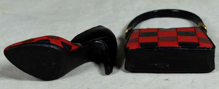 Mini molded shoe & handbag - red & black block
