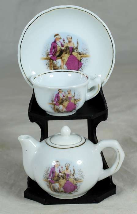 Miniature Chinese tea for one - on a stand with Victorian scene