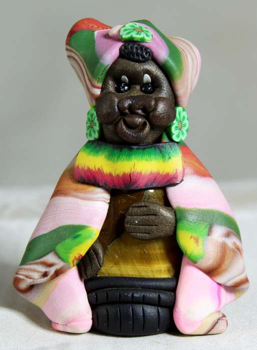 Semi-precious stone & clay figurine - pink, green, yellow