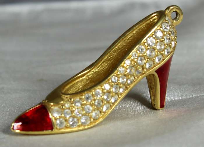 Miniature vintage Swarovski high heel shoe pendant - Red enamel - Gold tone