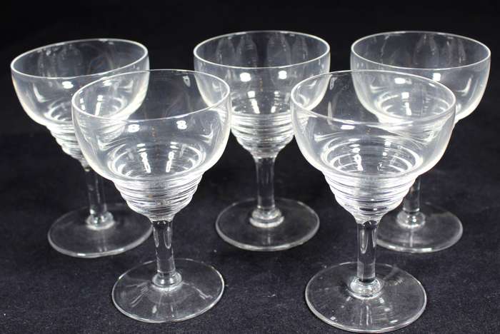 Set of five Stuart crystal ribbed aperitif glasses