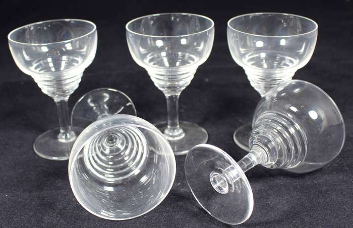 Set of five Stuart crystal ribbed aperitif glasses