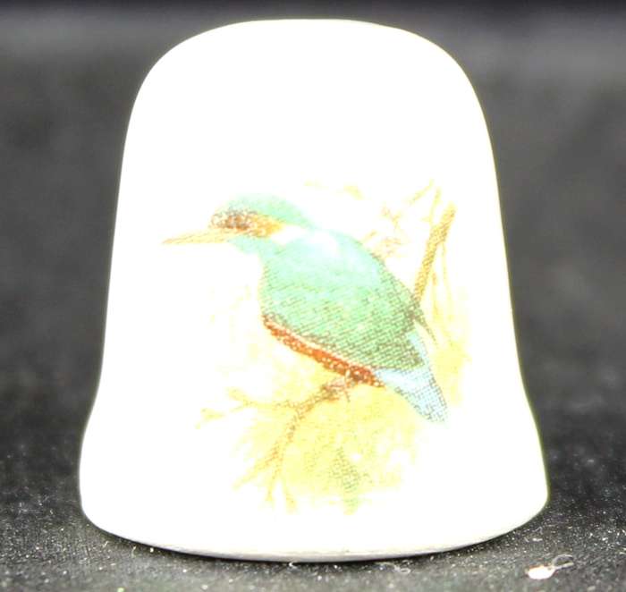 Porcelain Thimble - Green Feathered Bird on a Branch
