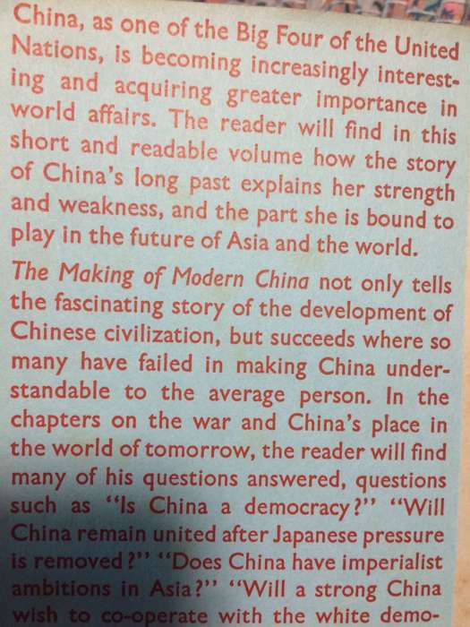 The Making of Modern China: A Short History - Owen & Eleanor Lattimore (1945 1st Edition Hardcover)